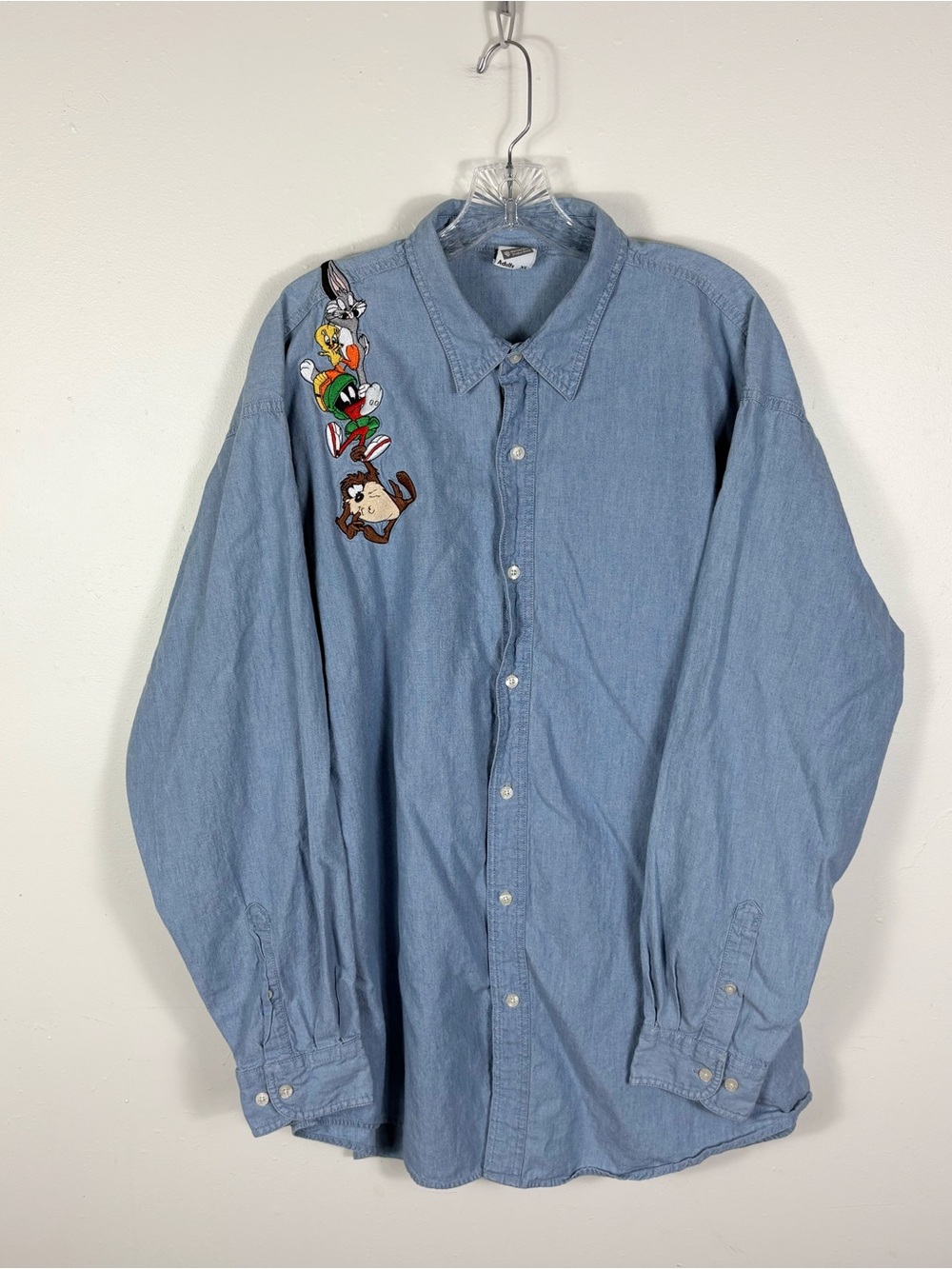 Warner Bros. Light Blue Denim Button-Up Shirt with Looney Tunes Embroidery